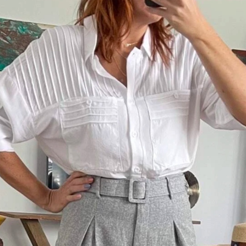 031 Pleated Oversized Boyfriend Button up Top - Picture 6 of 7